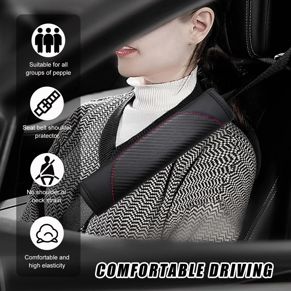 2 PCS Car Seat Belt Cover, Carbon Fiber Leather Auto Seat Belt Pads Cover, Safety Seatbelt Shoulder Strap Covers Protect Your Neck and Shoulder, Universal Car Accessories (Black)