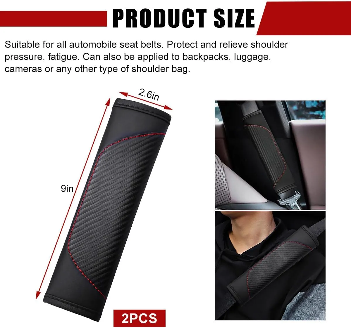 2 PCS Car Seat Belt Cover, Carbon Fiber Leather Auto Seat Belt Pads Cover, Safety Seatbelt Shoulder Strap Covers Protect Your Neck and Shoulder, Universal Car Accessories (Black)