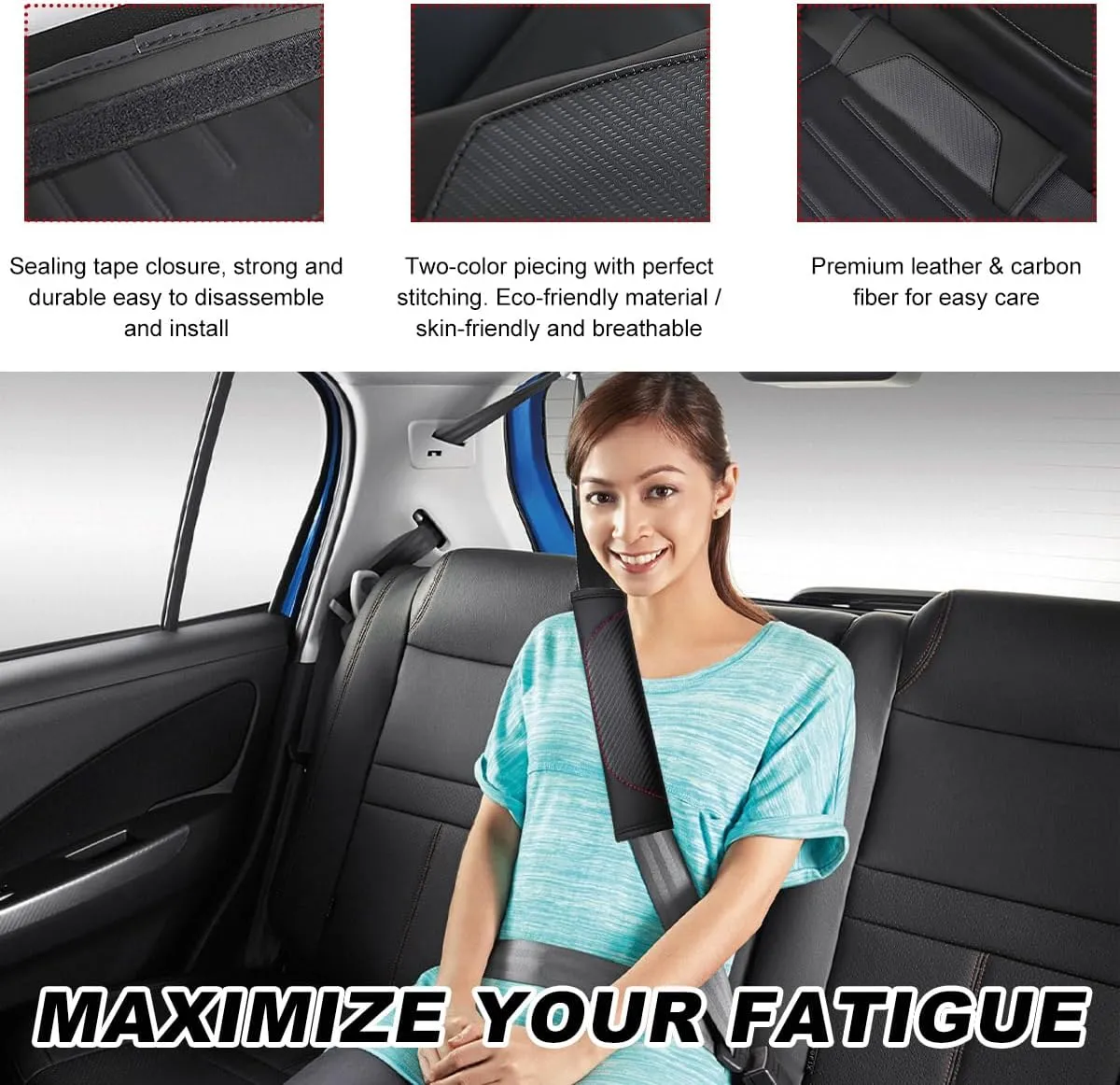 2 PCS Car Seat Belt Cover, Carbon Fiber Leather Auto Seat Belt Pads Cover, Safety Seatbelt Shoulder Strap Covers Protect Your Neck and Shoulder, Universal Car Accessories (Black)