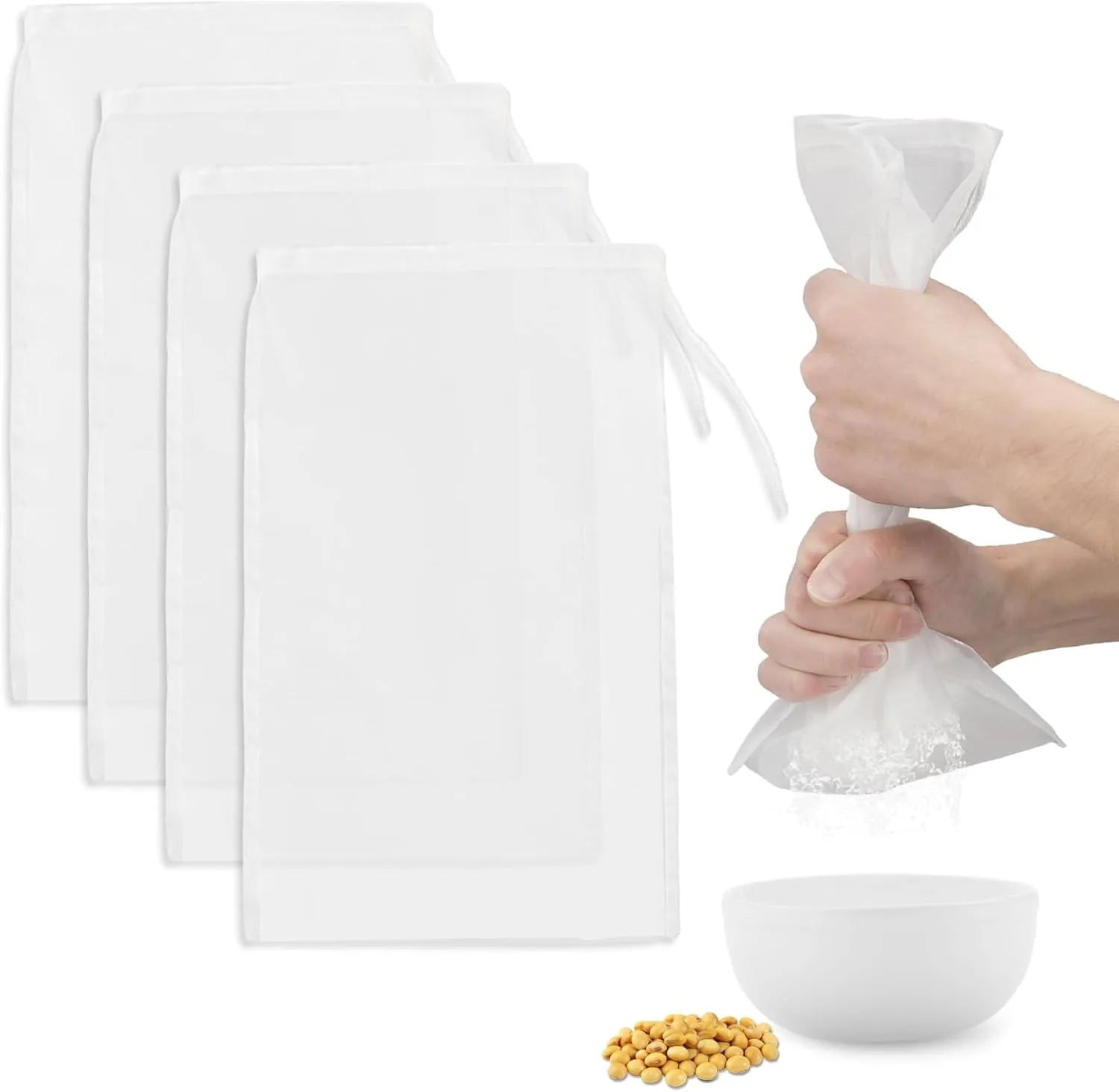 4Pcs Cheese Cloth Bag for Straining, 128 Inch Mesh Reusable Nylon Nut Bags Multiple Usage Ultra Strong Fine Nylon Mesh Cold Brew Filter for Straining Fruit Juice Cheese Coffee Tofu Yogurt Tea