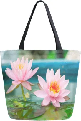 ALAZA Waterlily Lotus Flower in Pond Canvas Tote Bag for Women Casual Shoulder Bag Handbag,Shopping Grocery Cotton Bag Reusable,Multipurpose,Heavy Duty for Outdoors Weekender Travel