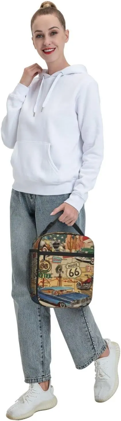 American Vintage Route 66 Lunch Bag for Mens Womens Insulated Reusable Lunch Box with Adjustable Shoulder Strap