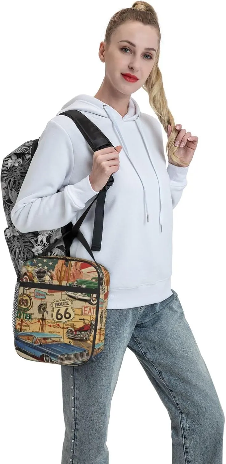 American Vintage Route 66 Lunch Bag for Mens Womens Insulated Reusable Lunch Box with Adjustable Shoulder Strap