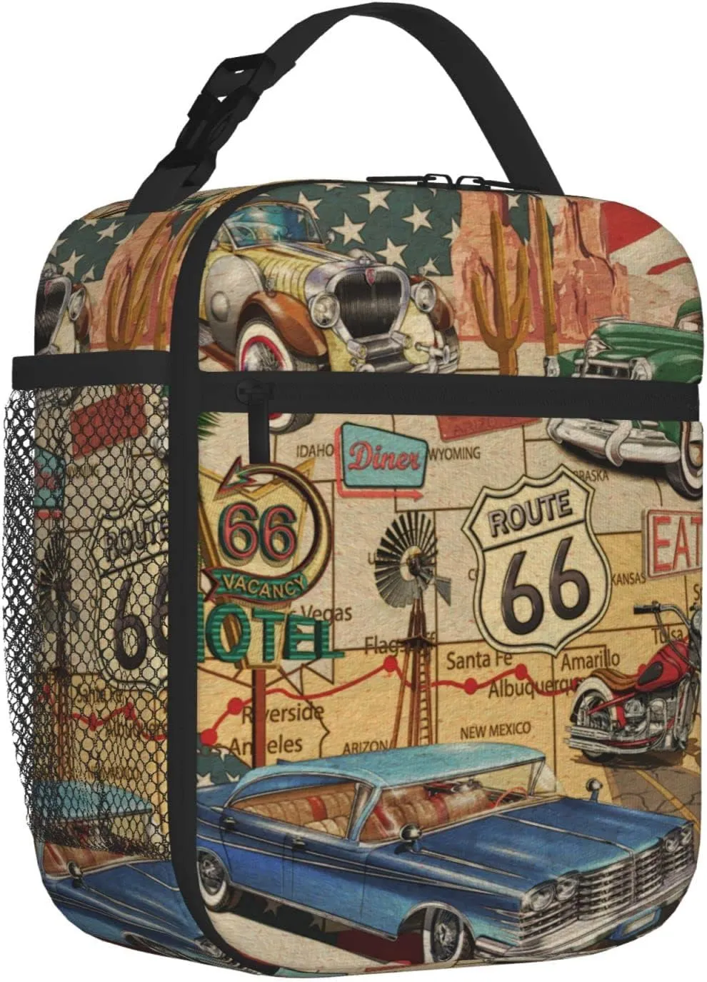 American Vintage Route 66 Lunch Bag for Mens Womens Insulated Reusable Lunch Box with Adjustable Shoulder Strap