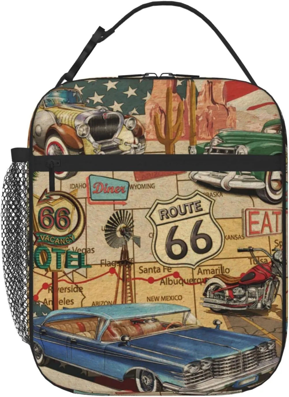 American Vintage Route 66 Lunch Bag for Mens Womens Insulated Reusable Lunch Box with Adjustable Shoulder Strap