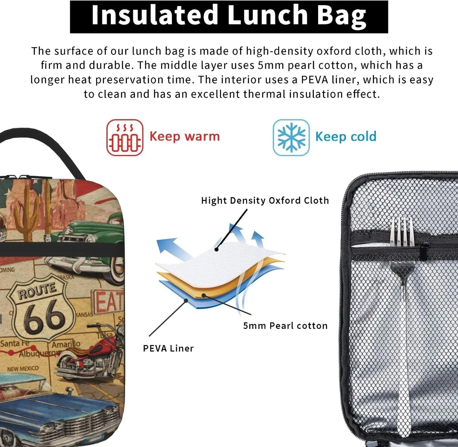 American Vintage Route 66 Lunch Bag for Mens Womens Insulated Reusable Lunch Box with Adjustable Shoulder Strap