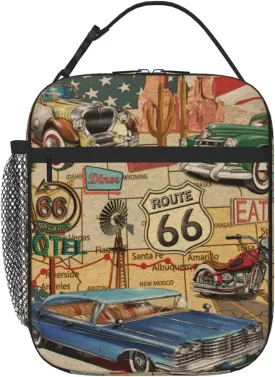 American Vintage Route 66 Lunch Bag for Mens Womens Insulated Reusable Lunch Box with Adjustable Shoulder Strap