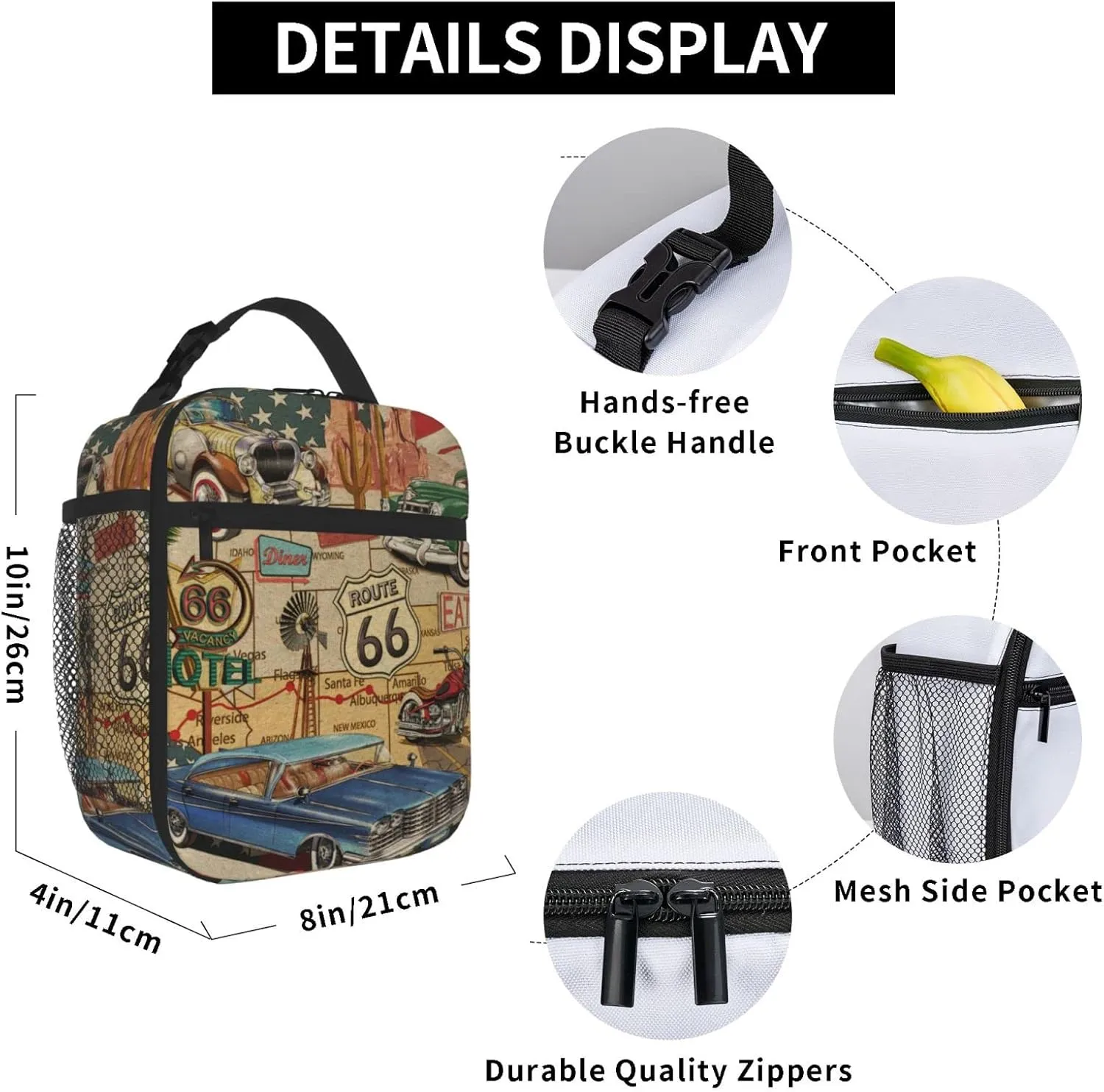 American Vintage Route 66 Lunch Bag for Mens Womens Insulated Reusable Lunch Box with Adjustable Shoulder Strap
