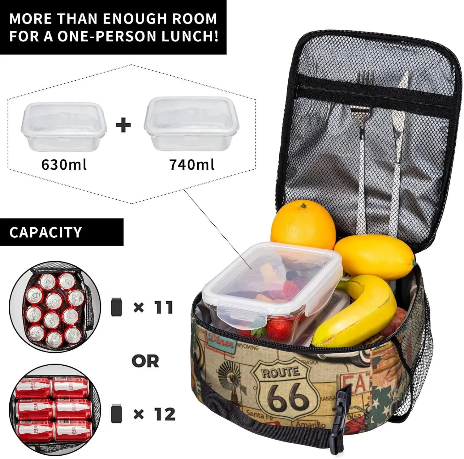 American Vintage Route 66 Lunch Bag for Mens Womens Insulated Reusable Lunch Box with Adjustable Shoulder Strap