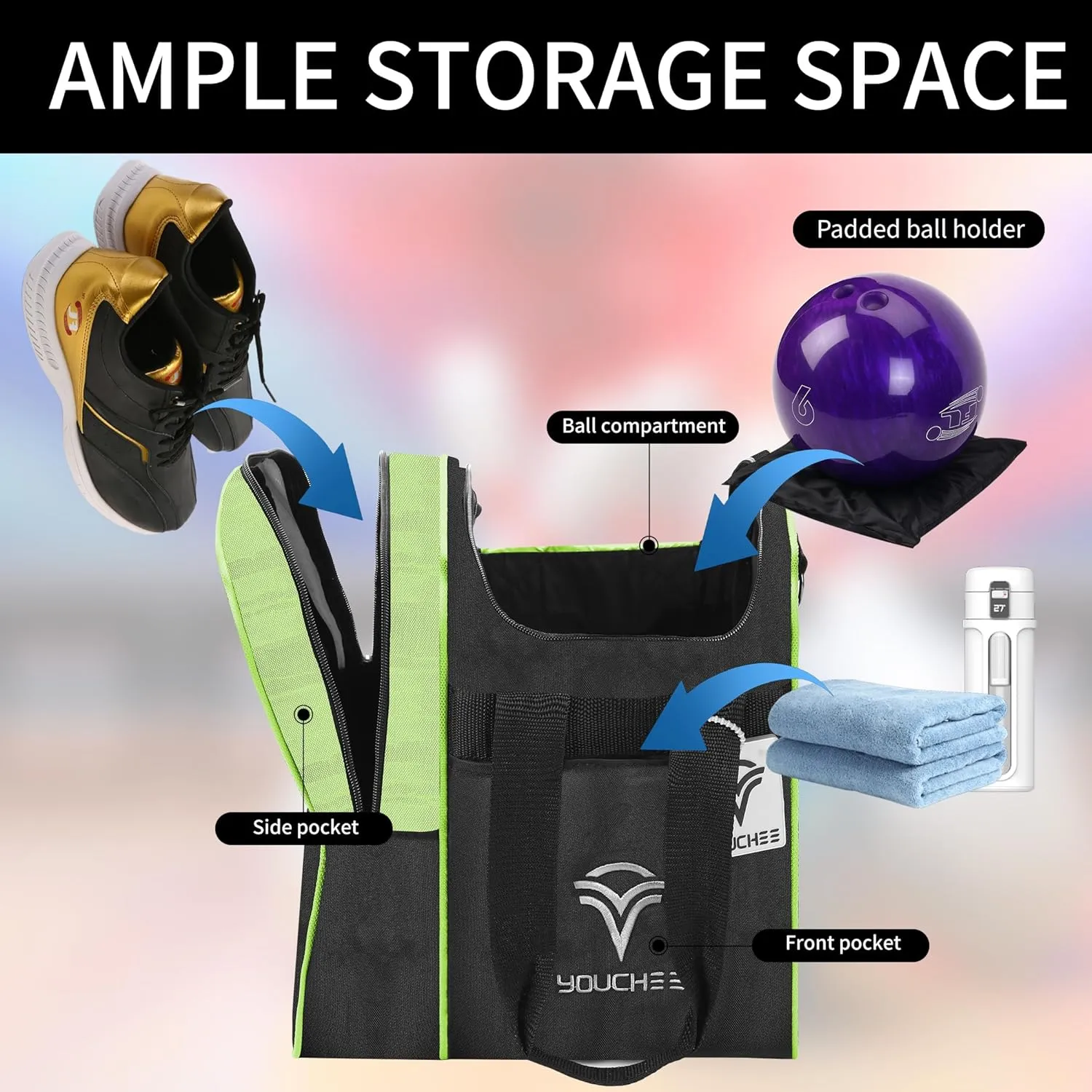 Bowling Ball Tote Bag with Padded Holder, Holds One Bowling Ball and Shoes Up to Mens Size 13, Multifunction Accessory Pockets