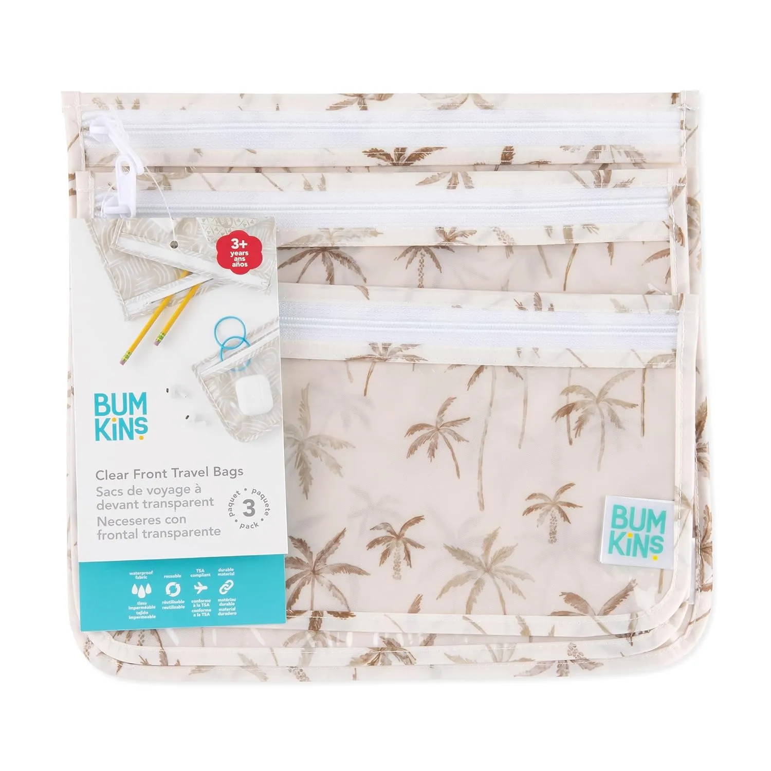 Bumkins Travel Bag, Toiletry, TSA Approved Pouch, Zip Bag, Quart Size Airline Compliant, Clear-Sided, Baby, Diaper Bag Organization, Makeup, Accessories, Packing, Set of 3 Sizes, Palm Trees