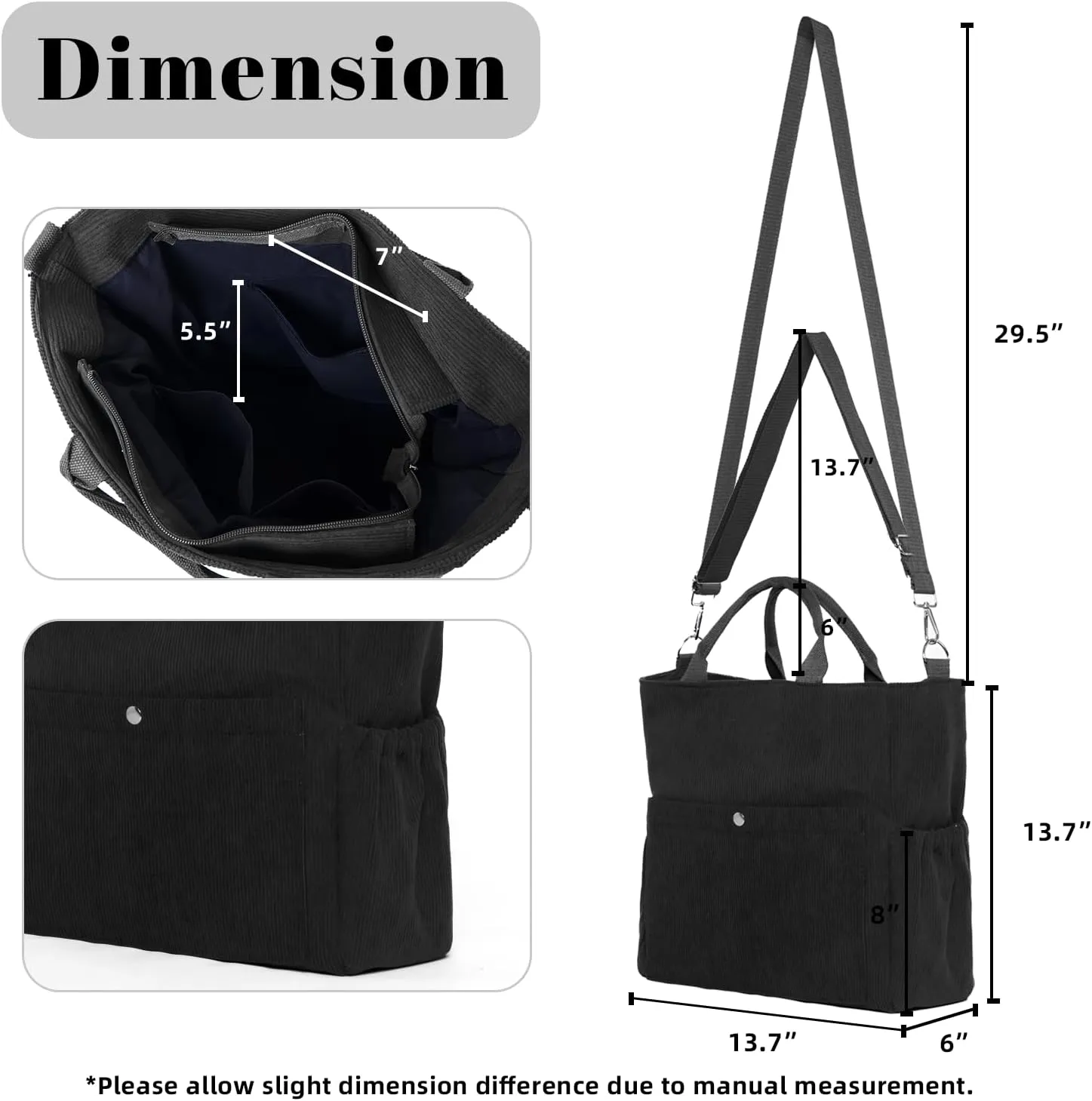 Corduroy Tote Bag for Women Large Crossbody Bags Shoulder Tote Bag with Multi Pockets Satchel Bags Handbag for Work