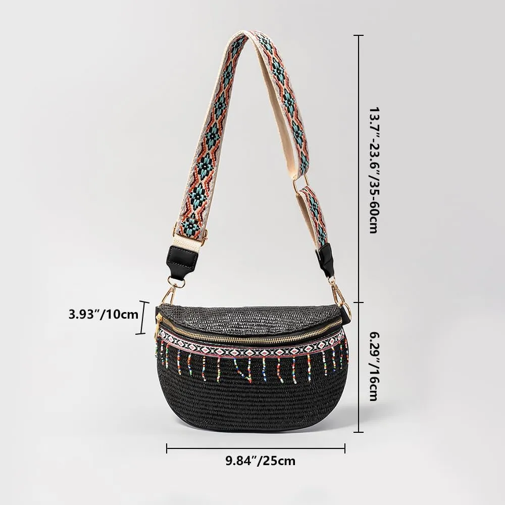 Crossbody Clutch Purse, Boho Woven Handbag with Beaded Detail, Summer Beach Bag