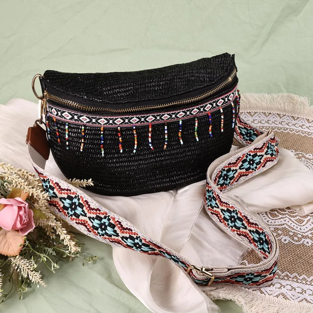 Crossbody Clutch Purse, Boho Woven Handbag with Beaded Detail, Summer Beach Bag