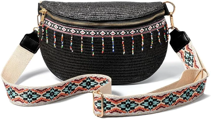 Crossbody Clutch Purse, Boho Woven Handbag with Beaded Detail, Summer Beach Bag