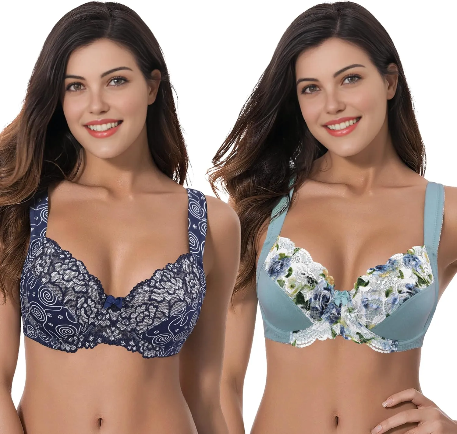 Curve Muse Women's Plus Size Unlined Underwire Lace Bra with Cushion Straps-2PK