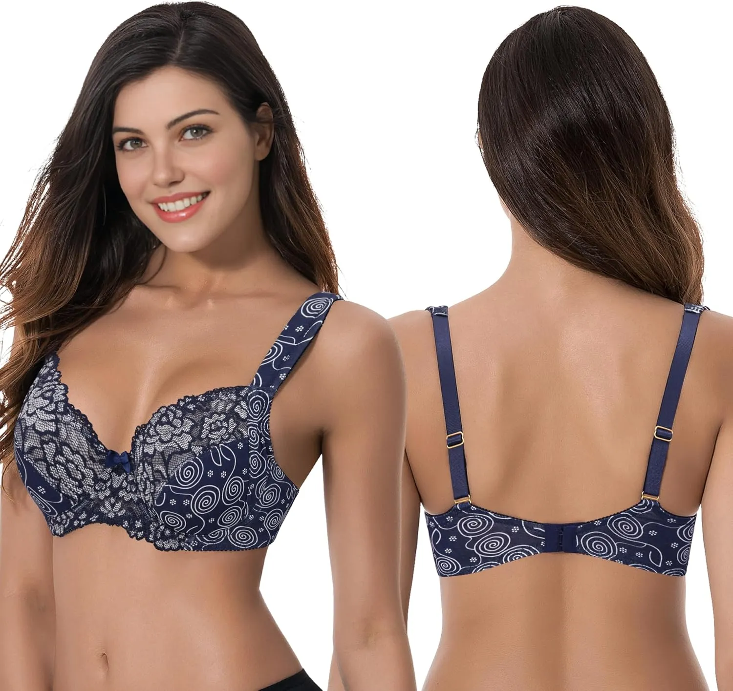 Curve Muse Women's Plus Size Unlined Underwire Lace Bra with Cushion Straps-2PK