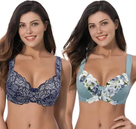 Curve Muse Women's Plus Size Unlined Underwire Lace Bra with Cushion Straps-2PK
