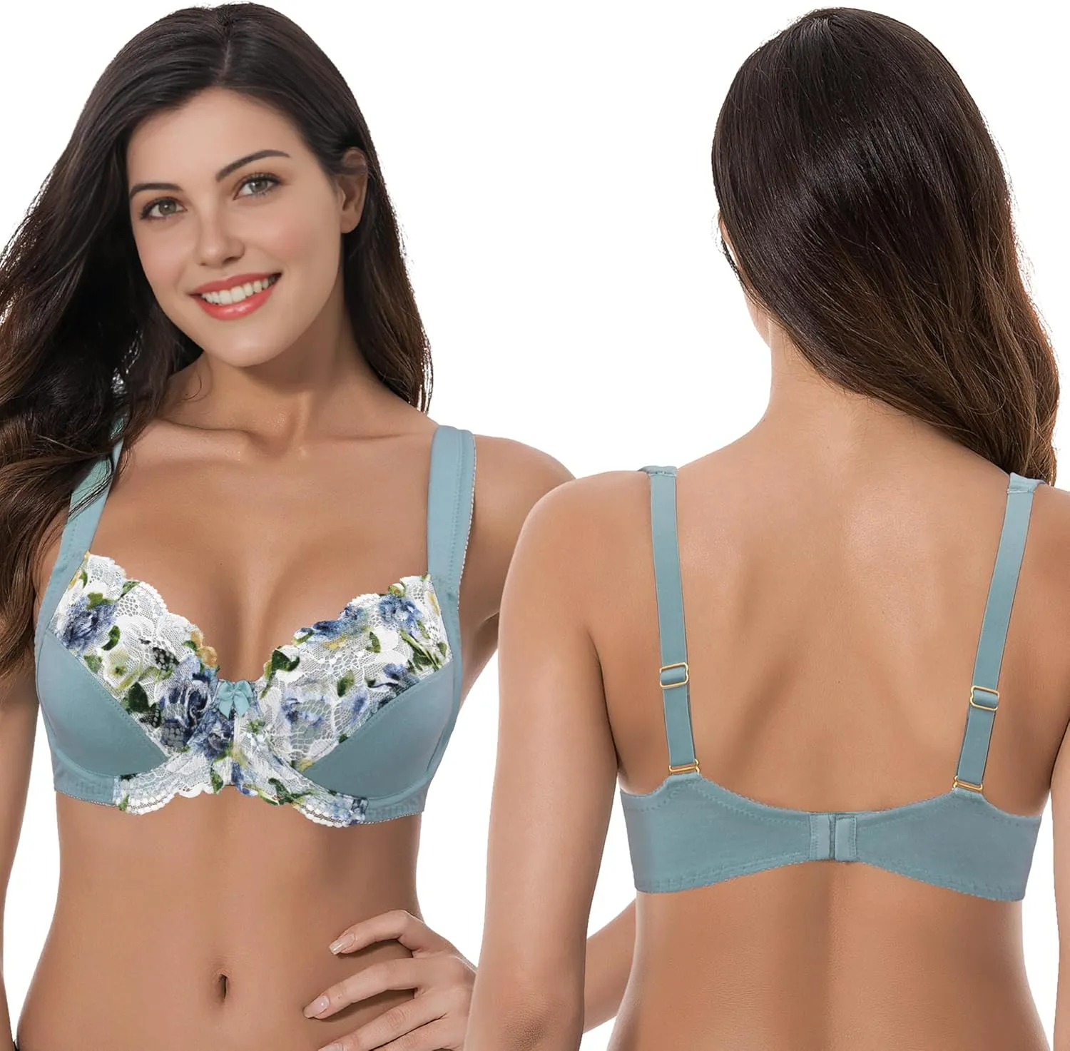 Curve Muse Women's Plus Size Unlined Underwire Lace Bra with Cushion Straps-2PK