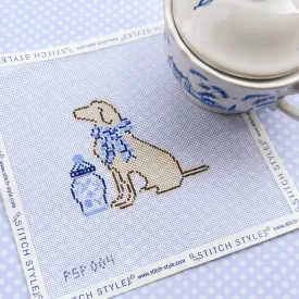 Dog with Ginger Jar and Blue Bow Needlepoint Canvas