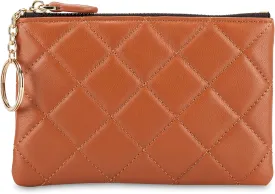 DORIS&JACKY Soft Lambskin Leather Coin Purse Small Quilted RFID Blocking Top Zipper Wallet With Key Chain