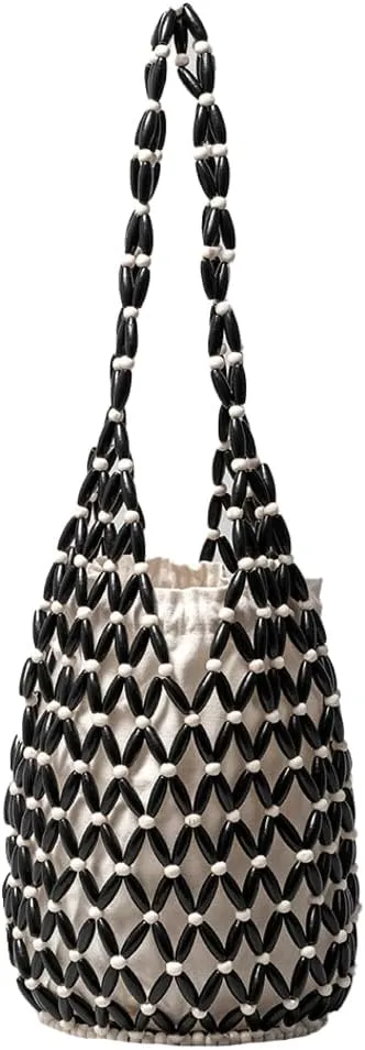 Epsion Women Retro Wooden Handbag Woven Bead Bucket Top handle Tote Bag Hollow Out Beach Casual Purse 2025