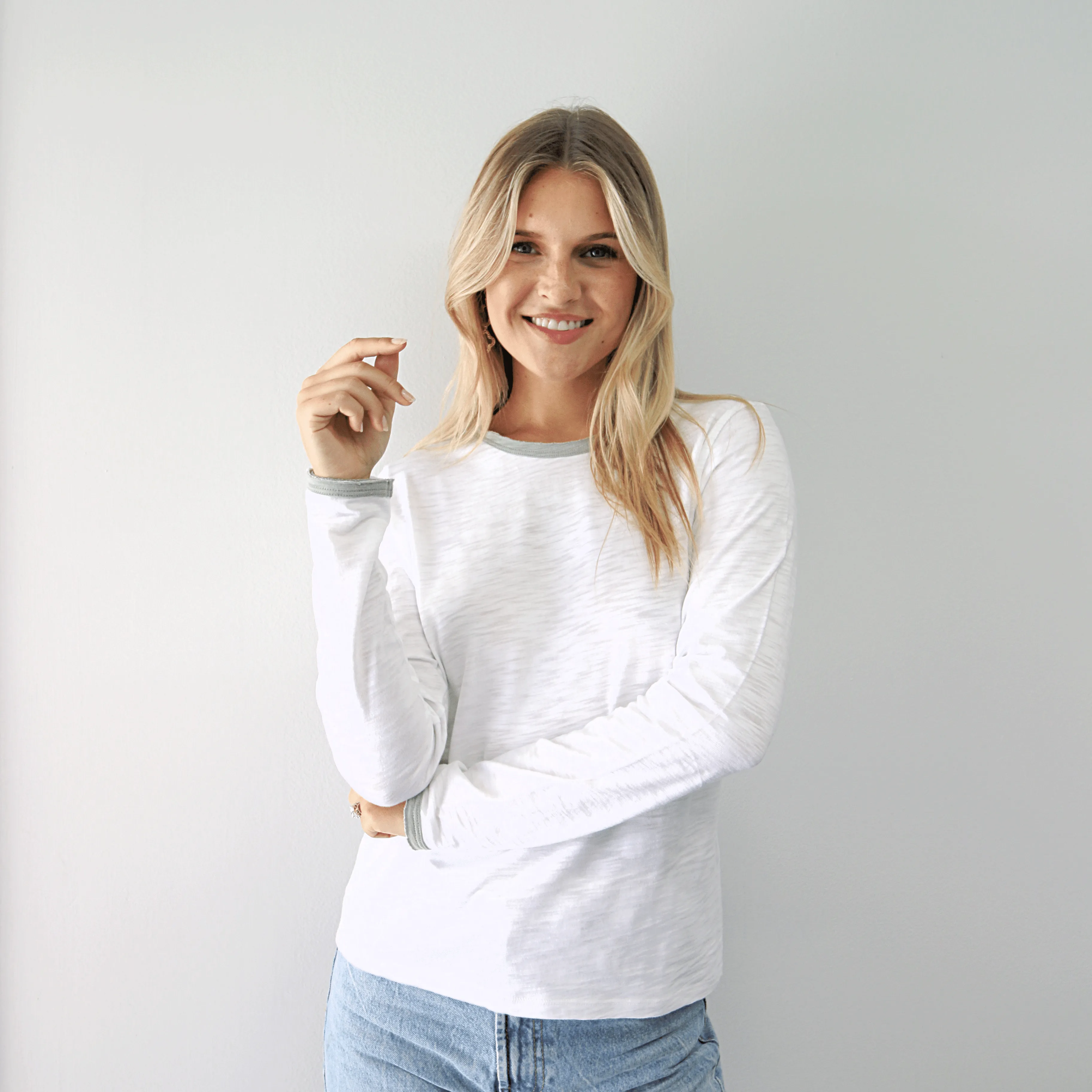 Long Sleeve Rebel Tee in White with Sage