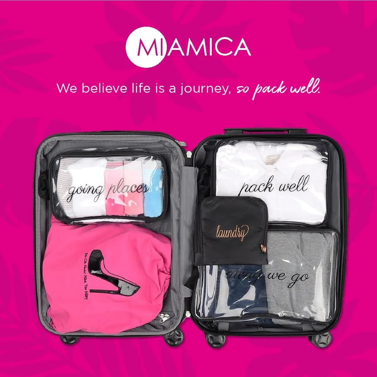 Miamica Foldable Travel Laundry Bag, Black & White  Measures 21 x 22 When Fully Opened  Foldable Laundry Bag with Drawstring Closure  Durable, Lightweight Travel Accessories