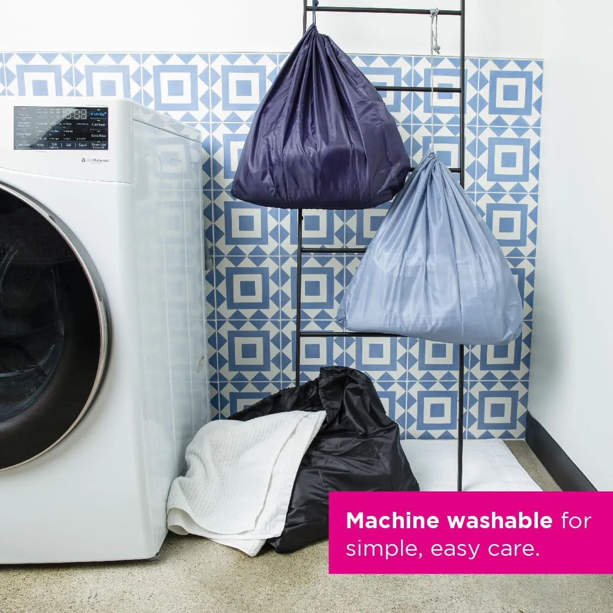 Miamica Foldable Travel Laundry Bag, Black & White  Measures 21 x 22 When Fully Opened  Foldable Laundry Bag with Drawstring Closure  Durable, Lightweight Travel Accessories
