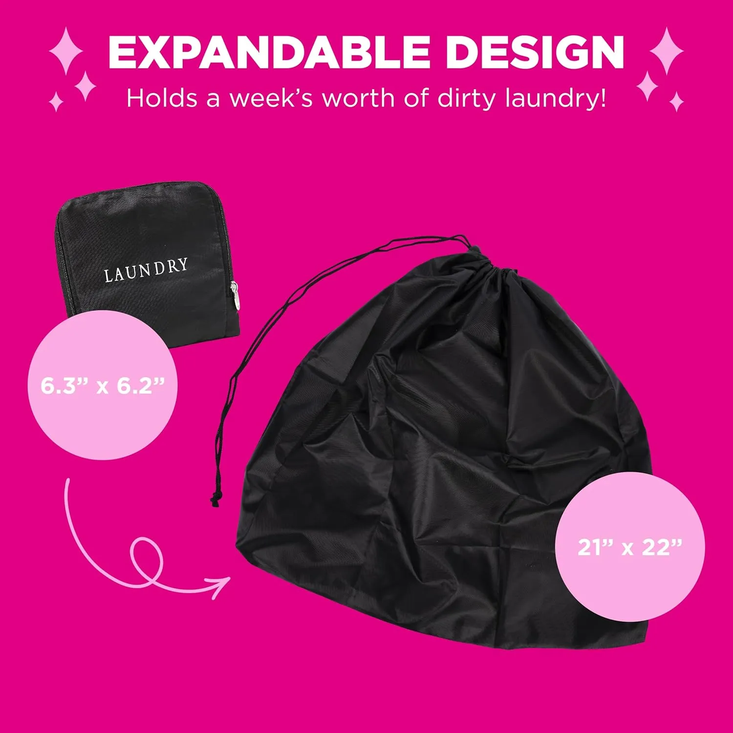 Miamica Foldable Travel Laundry Bag, Black & White  Measures 21 x 22 When Fully Opened  Foldable Laundry Bag with Drawstring Closure  Durable, Lightweight Travel Accessories