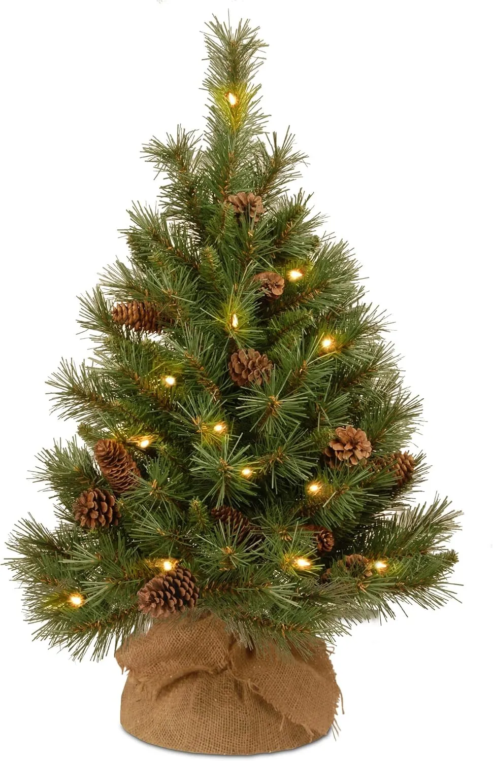 National Tree Company Pre-Lit Artificial Christmas Tree, Green, Pine Cone, White LED Lights, Includes Cloth Bag Base, Battery Operated, 3 Feet