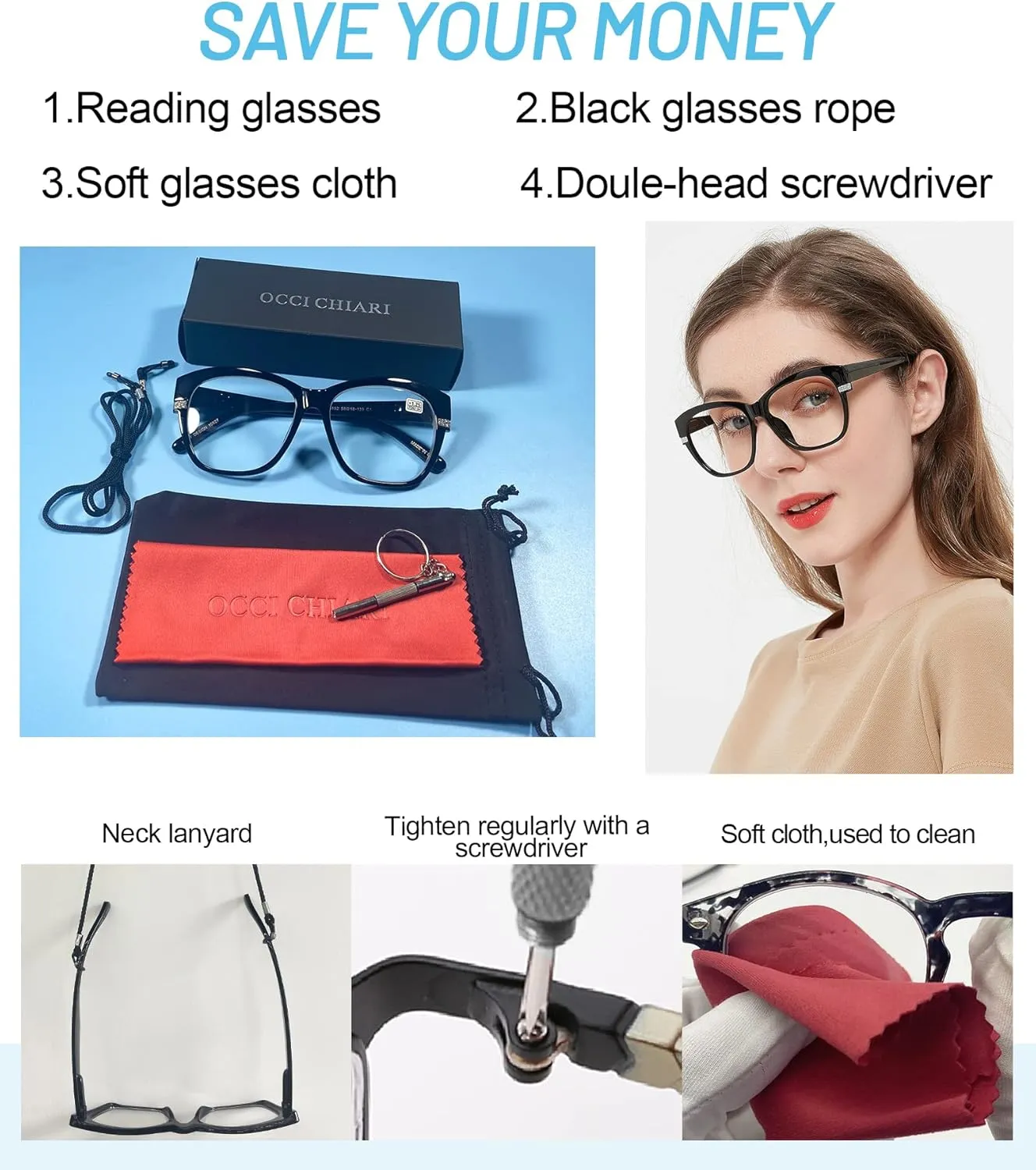 OCCI CHIARI Reading Glasses For Women Wide Square Reader 1.0 1.5 2.0 2.5 3.0 3.5 4.0 5.0 6.0 1.25 1.75 2.25 2.75