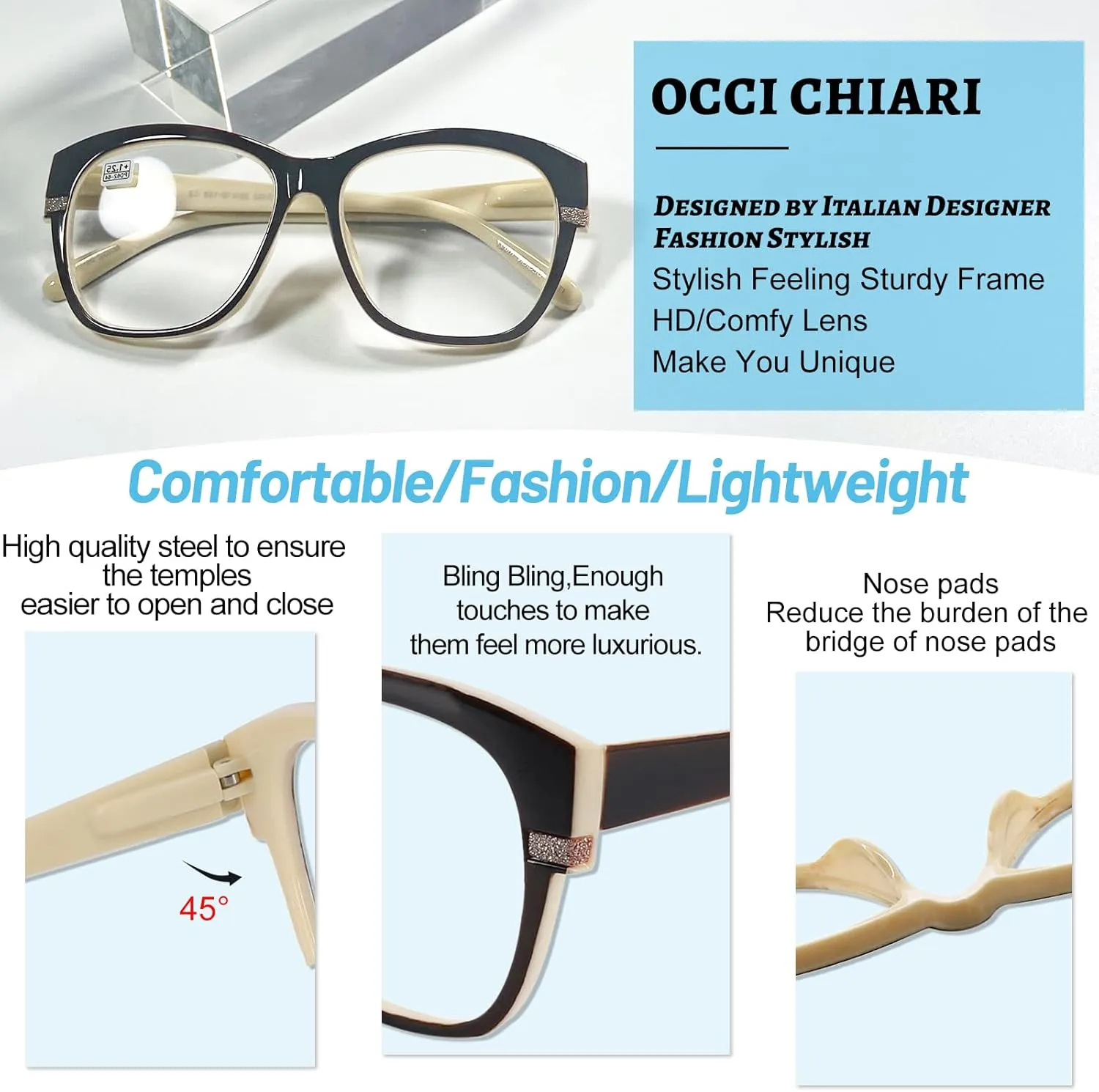 OCCI CHIARI Reading Glasses For Women Wide Square Reader 1.0 1.5 2.0 2.5 3.0 3.5 4.0 5.0 6.0 1.25 1.75 2.25 2.75