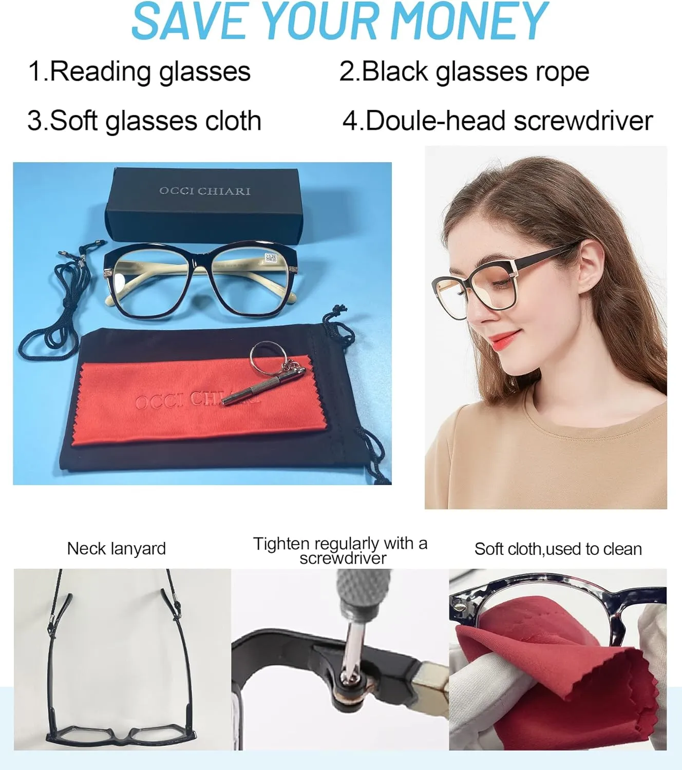 OCCI CHIARI Reading Glasses For Women Wide Square Reader 1.0 1.5 2.0 2.5 3.0 3.5 4.0 5.0 6.0 1.25 1.75 2.25 2.75