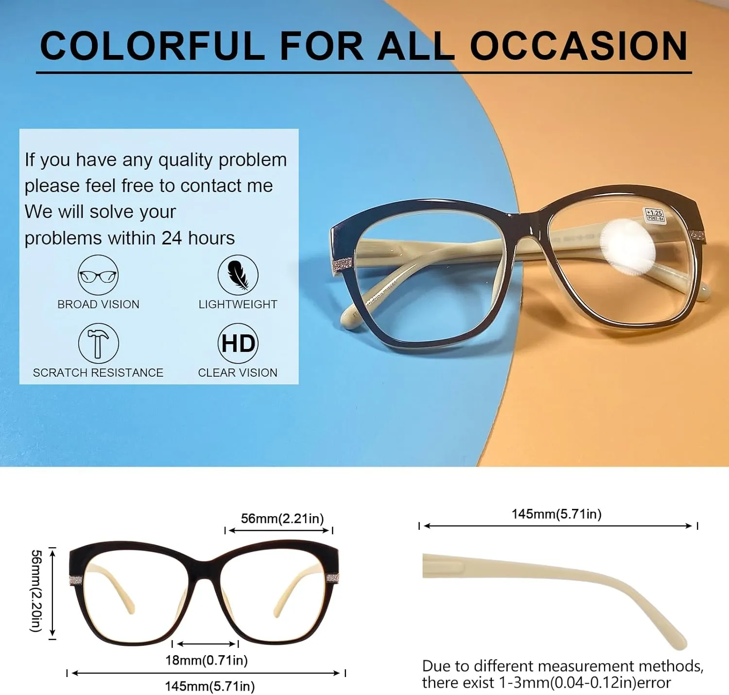 OCCI CHIARI Reading Glasses For Women Wide Square Reader 1.0 1.5 2.0 2.5 3.0 3.5 4.0 5.0 6.0 1.25 1.75 2.25 2.75