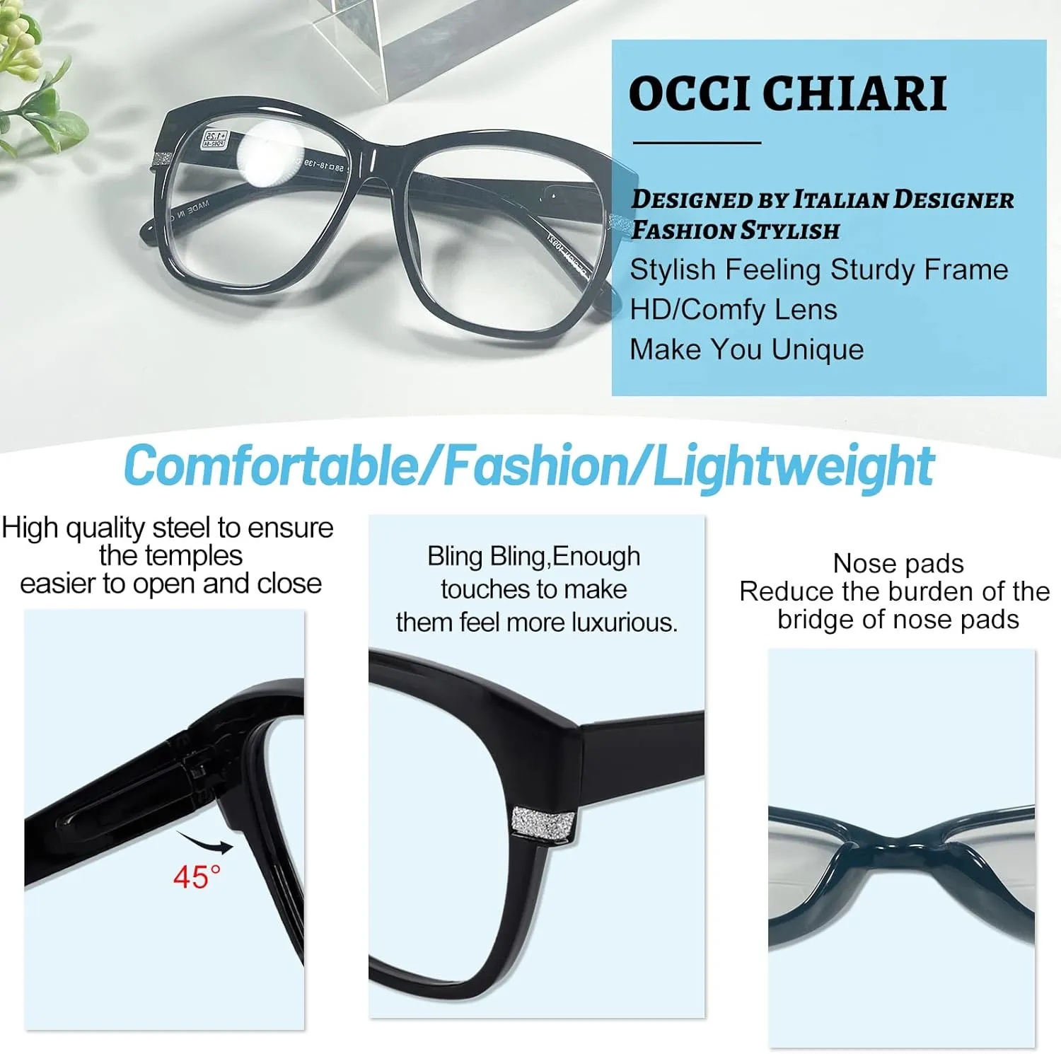 OCCI CHIARI Reading Glasses For Women Wide Square Reader 1.0 1.5 2.0 2.5 3.0 3.5 4.0 5.0 6.0 1.25 1.75 2.25 2.75