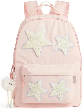 Preppy Backpack with Cute Plush Accessories Kawaii Star Bag Y2K School Bookbag Girly Coquette Soft Sweet Aesthetic Daypack for Girls Boys Kids Teen Senior (Pastel Pink)