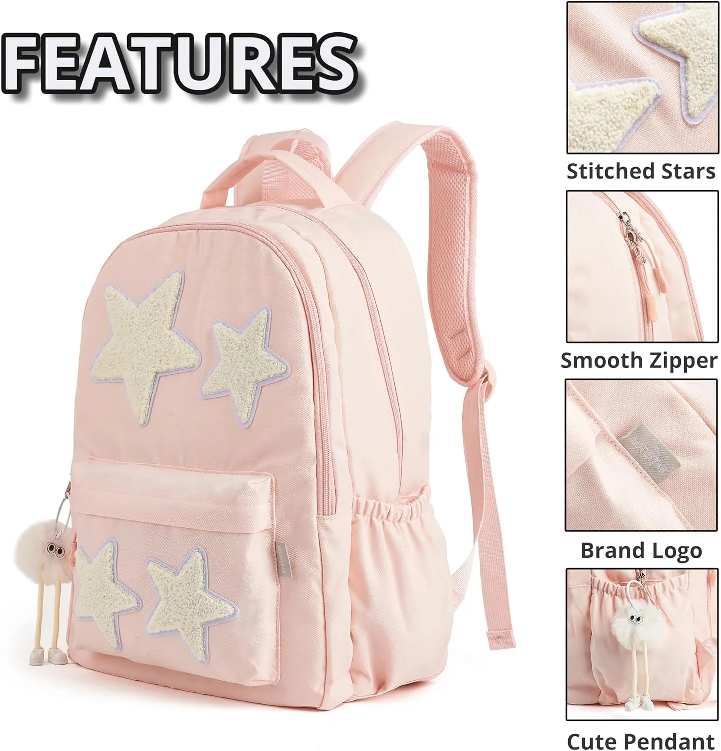 Preppy Backpack with Cute Plush Accessories Kawaii Star Bag Y2K School Bookbag Girly Coquette Soft Sweet Aesthetic Daypack for Girls Boys Kids Teen Senior (Pastel Pink)