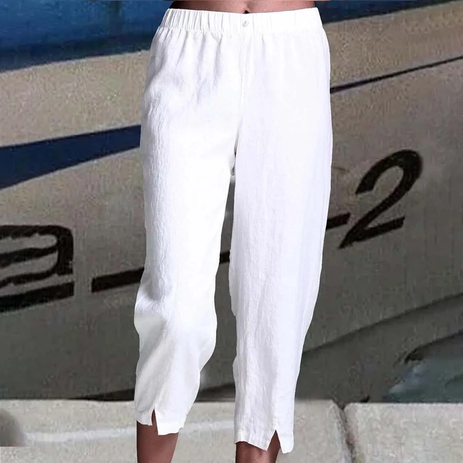 PTOLOCIF Womens Casual Cotton Linen Pants Drawstring Elastic Waist Palazzo Pants Casual Flowy Wide Leg Trousers with Pockets