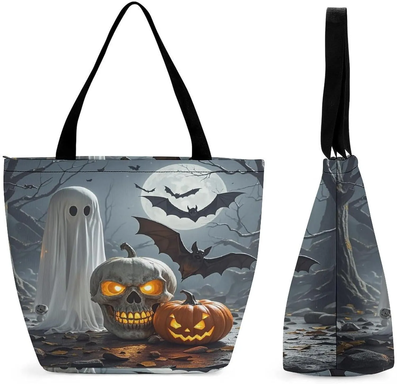 Pumpkin Lantern Ghost Tote Bags Reusable Grocery Bags Shopping Zippered Tote for Office Graduation Travel