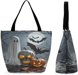 Pumpkin Lantern Ghost Tote Bags Reusable Grocery Bags Shopping Zippered Tote for Office Graduation Travel