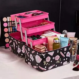 SIBY Leather Rose Printed 3 Layer Makeup Storage Vanity Box Makeup Organizer Storage Box Container Case Cosmetic Desktop Storage Box For Women(Without Makeup Item), 1Pc(Black Color)