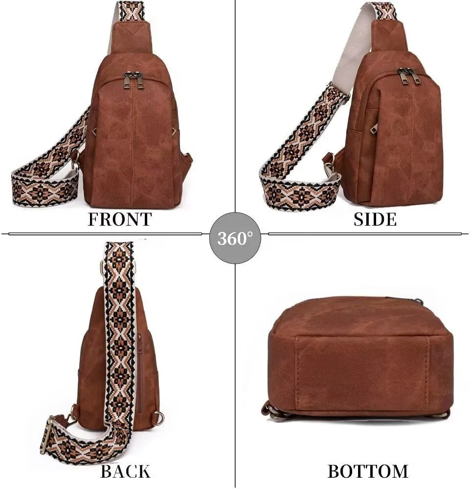 Sling Bag for Women Crossbody Purse Vegan Leather Crossbody Bags Fanny Pack Purse Backpack Over Shoulder Bag with Adjustable Guitar Strap for Travel, Brown