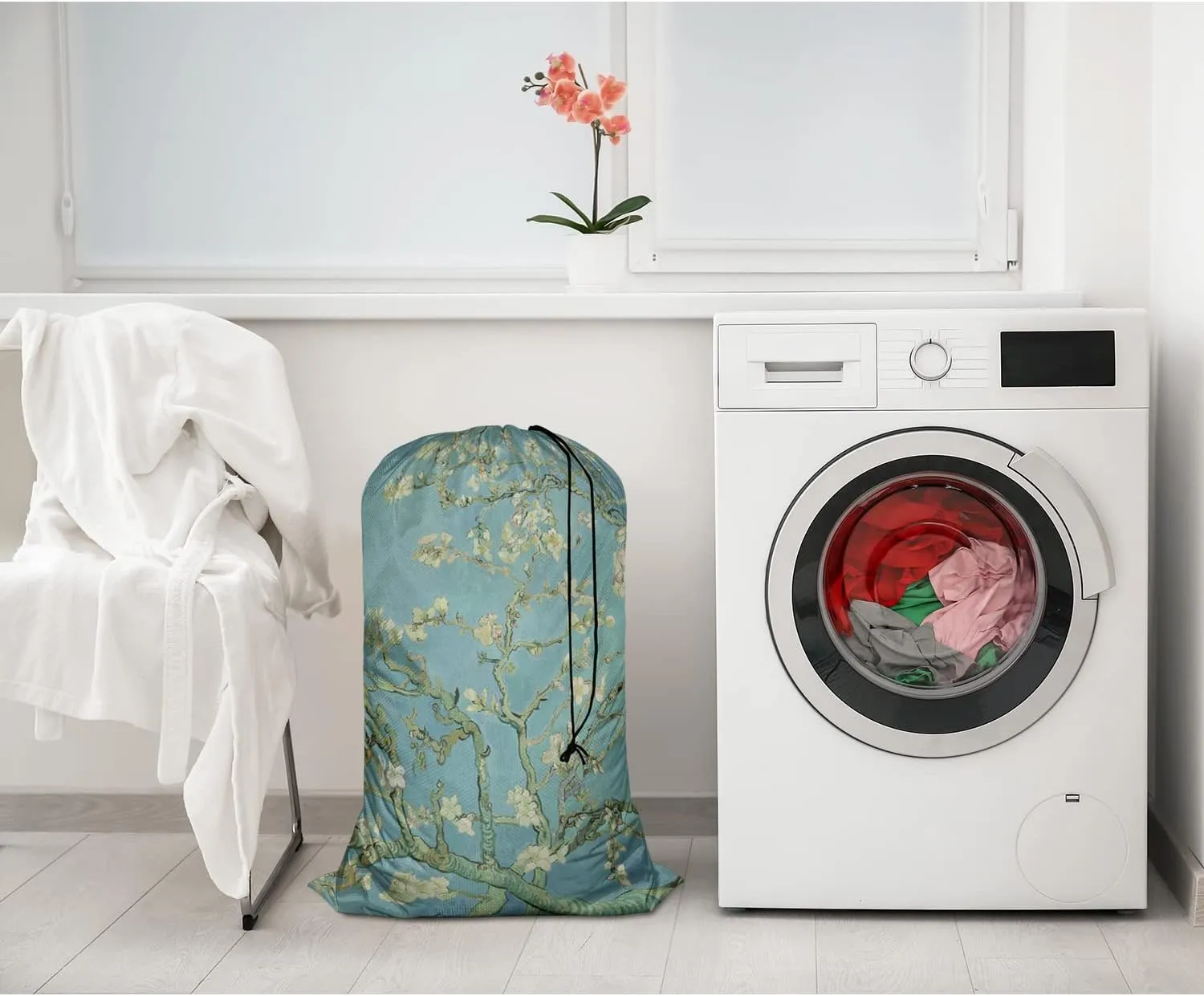 Swono Apricot Branches Laundry Bags with Locking Drawstring Closure for Travel, Home, Camping and Gym Almond Blossom Van Gogh Painting 28"x40", Oxford Cloth, White Flower