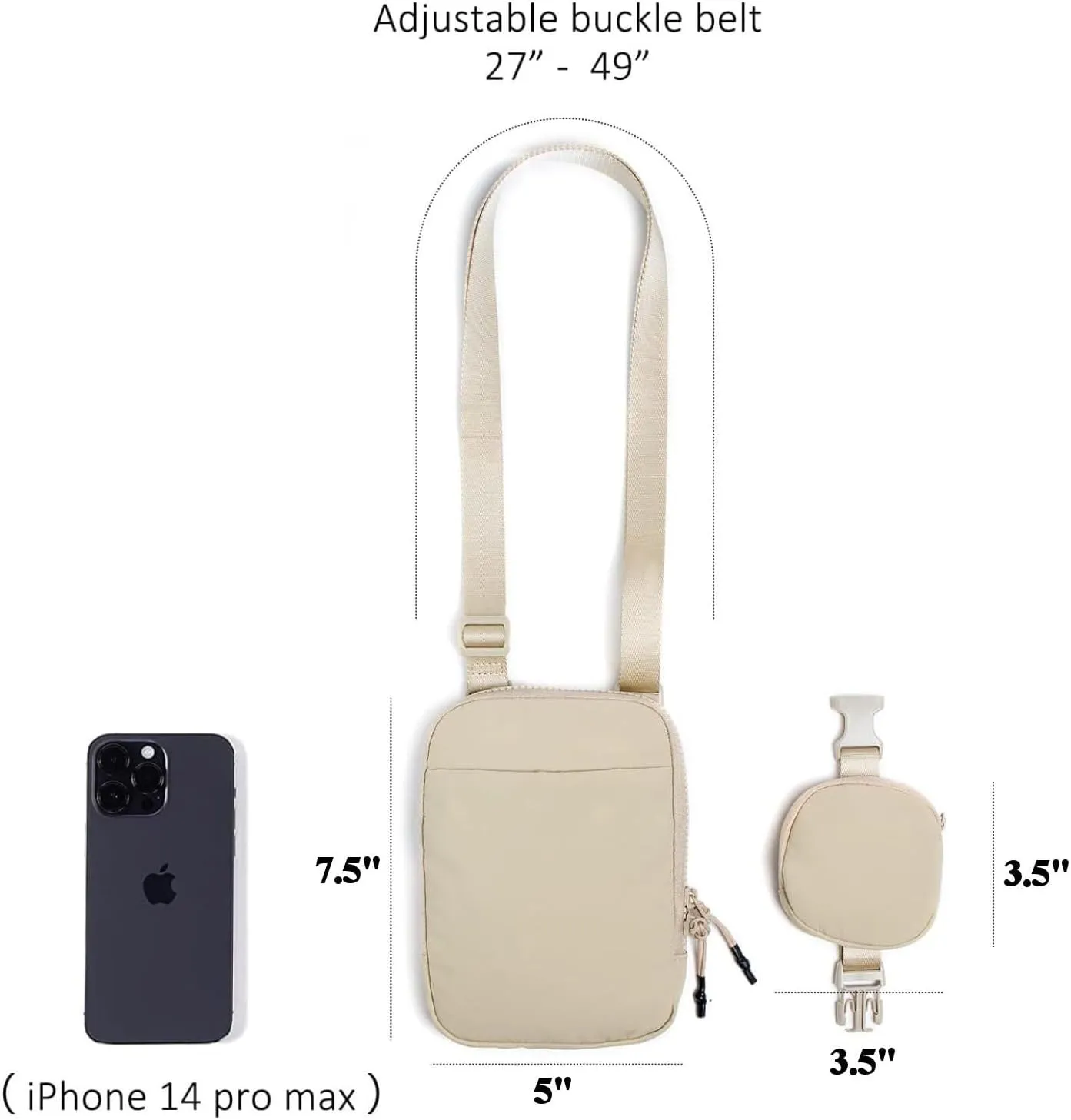 Tapp Collections Unisex Mini Crossbody Belt Bag with Adjustable Strap and Removable Small Pouch - Beige