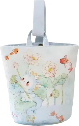 Tote Bag for Women Oxford Cloth Handbag Bucket Bag with Magnetic Snap Closure - Traditional Playing Fish in a Lotus Pond Pattern