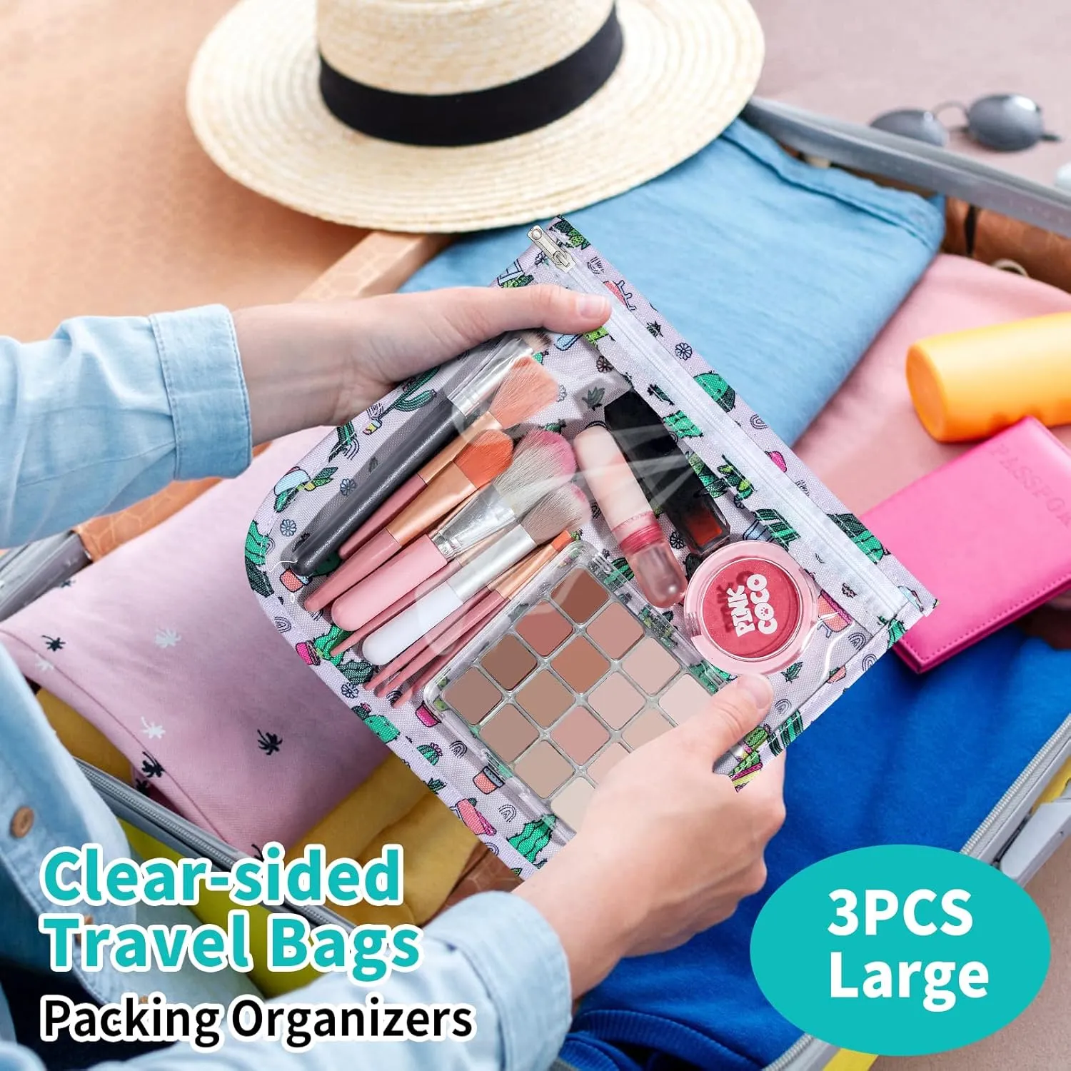 TSA Approved Toiletry Bag, Set of 3 Clear Travel Toiletry Bag Quart Size Zipper Travel Pouch, Waterproof Makeup Cosmetic Bag for Women Men Kids Toiletries Carry on, Cacti Large