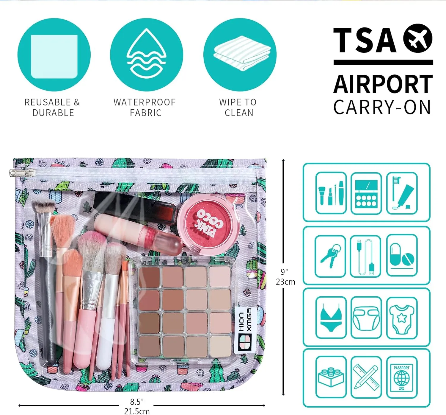 TSA Approved Toiletry Bag, Set of 3 Clear Travel Toiletry Bag Quart Size Zipper Travel Pouch, Waterproof Makeup Cosmetic Bag for Women Men Kids Toiletries Carry on, Cacti Large