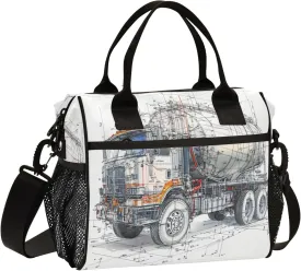 Women Lunch Bag with Side Pocket Cooler Tote School with Shoulder Strap M Concrete Mixer Truck White