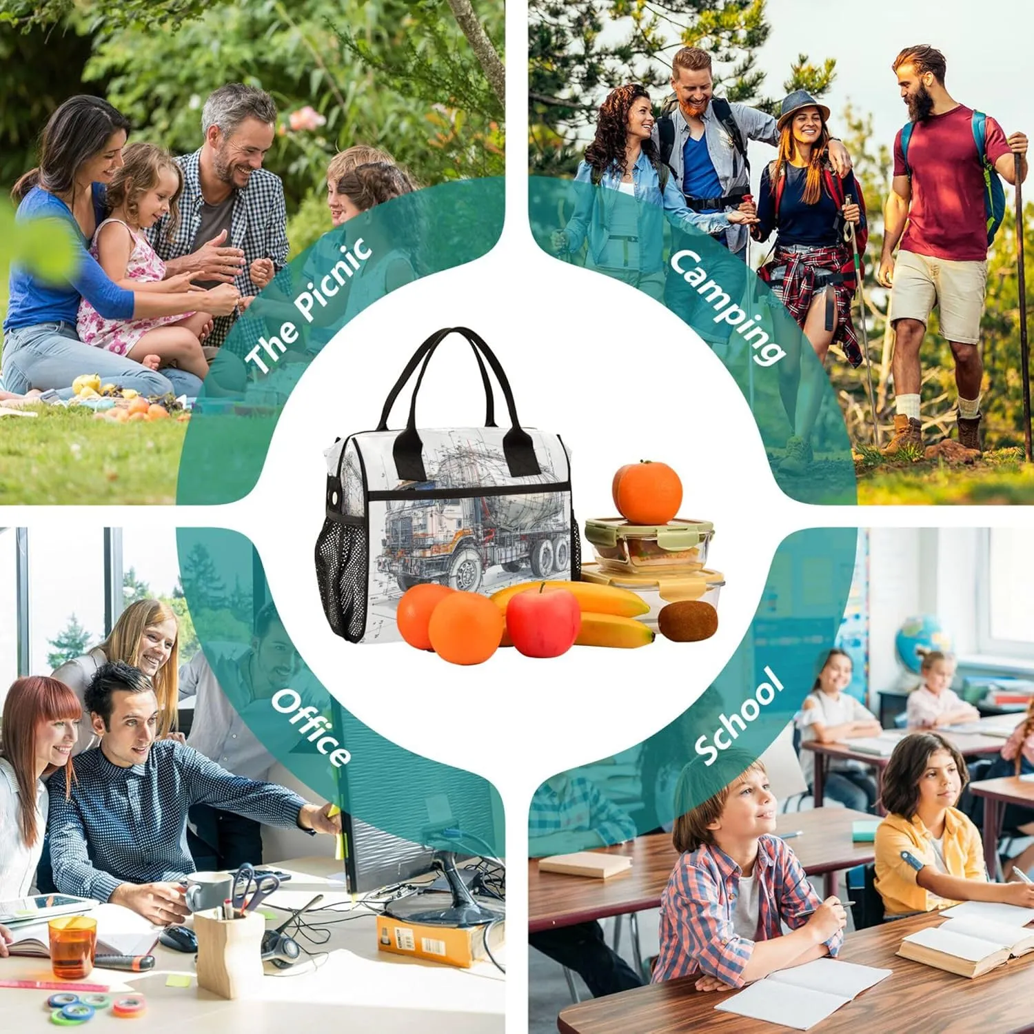 Women Lunch Bag with Side Pocket Cooler Tote School with Shoulder Strap M Concrete Mixer Truck White